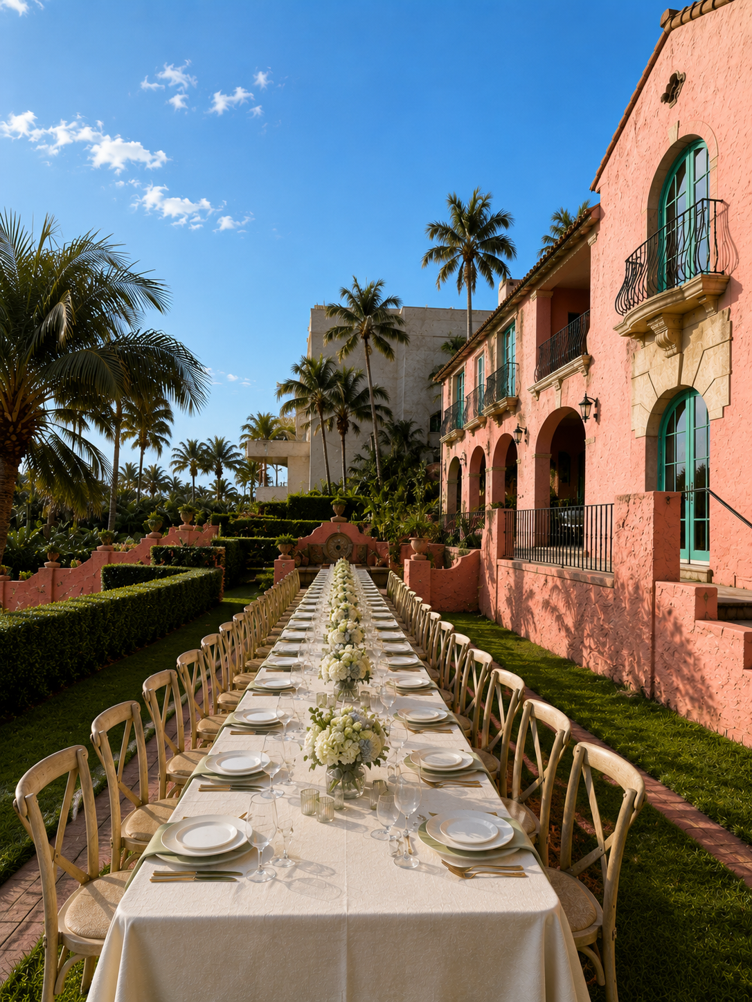 Long banquet table with white linens, white floral centerpieces and cross-back chairs alongside Villa Biscaya's pink Spanish-Mission facade and palm gardens