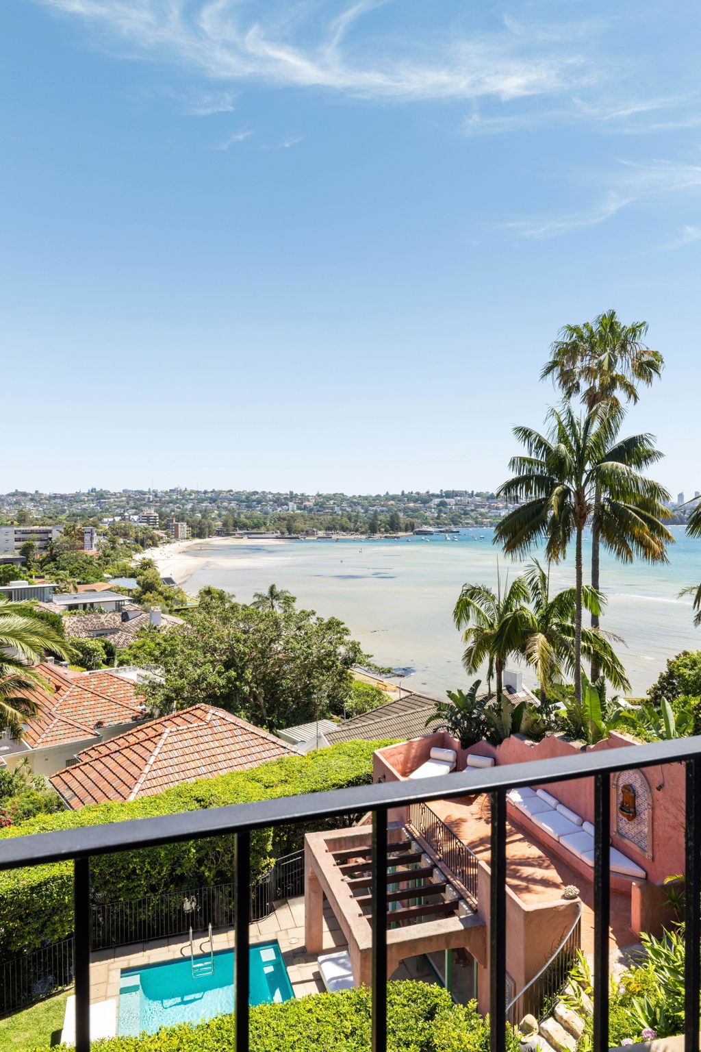 Rose Bay harbour view from Villa Biscaya with palm trees