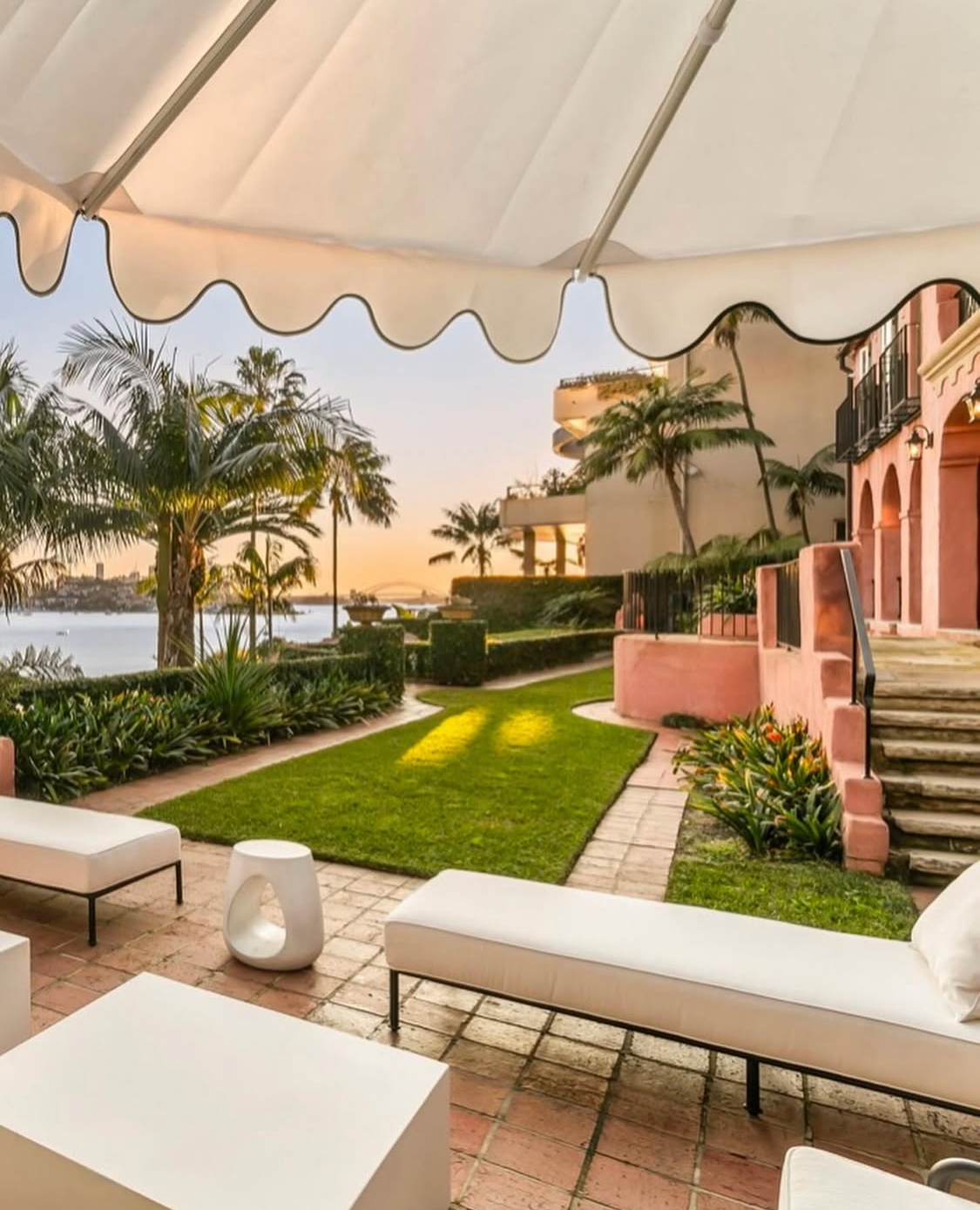 Marquee event setup on Villa Biscaya terrace at sunset