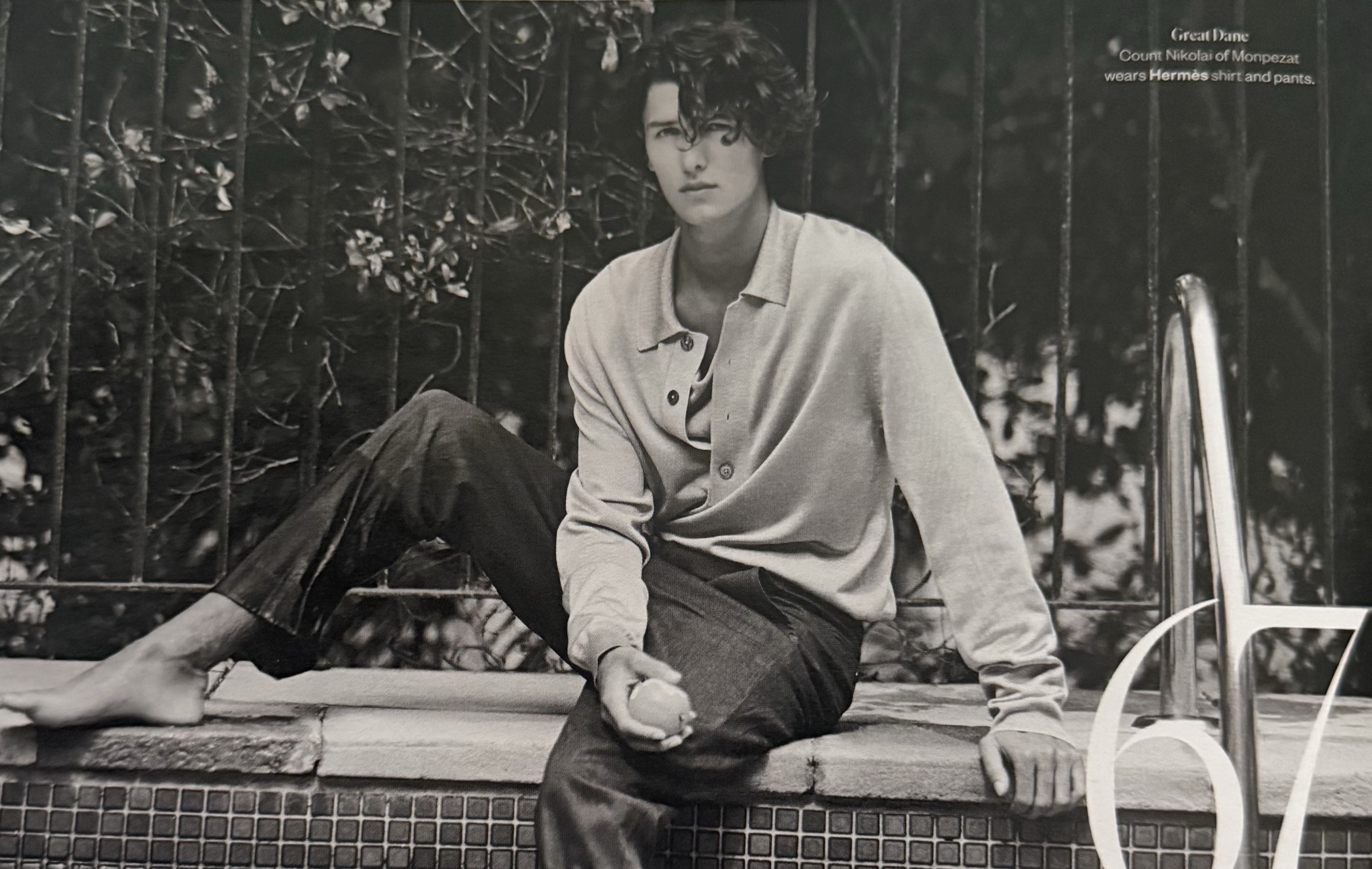 Count Nikolai poolside in Hermes, black and white editorial for Wish Magazine