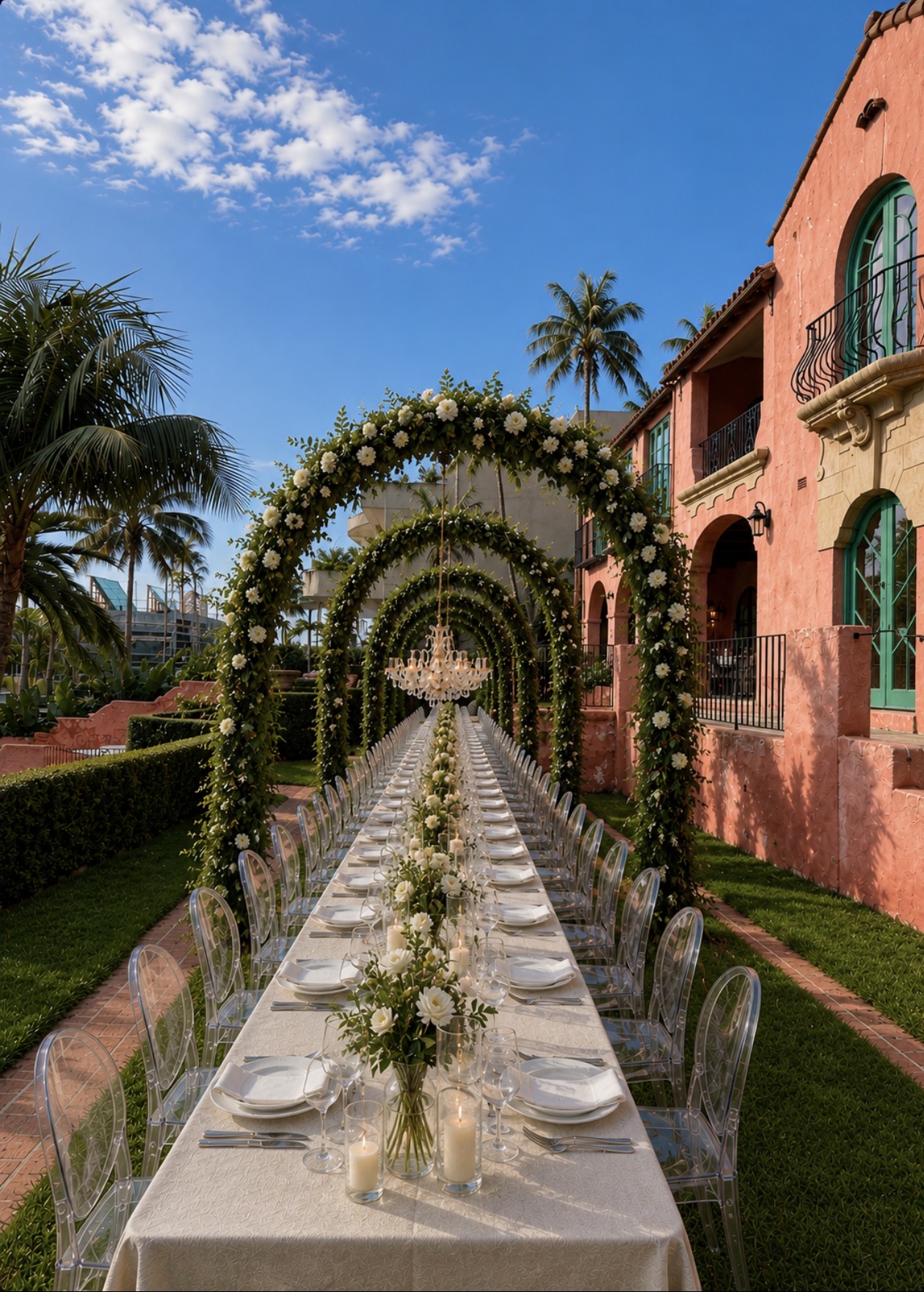 Long banquet table beneath cascading greenery arches with white florals, ghost chairs and crystal chandelier on the lawn